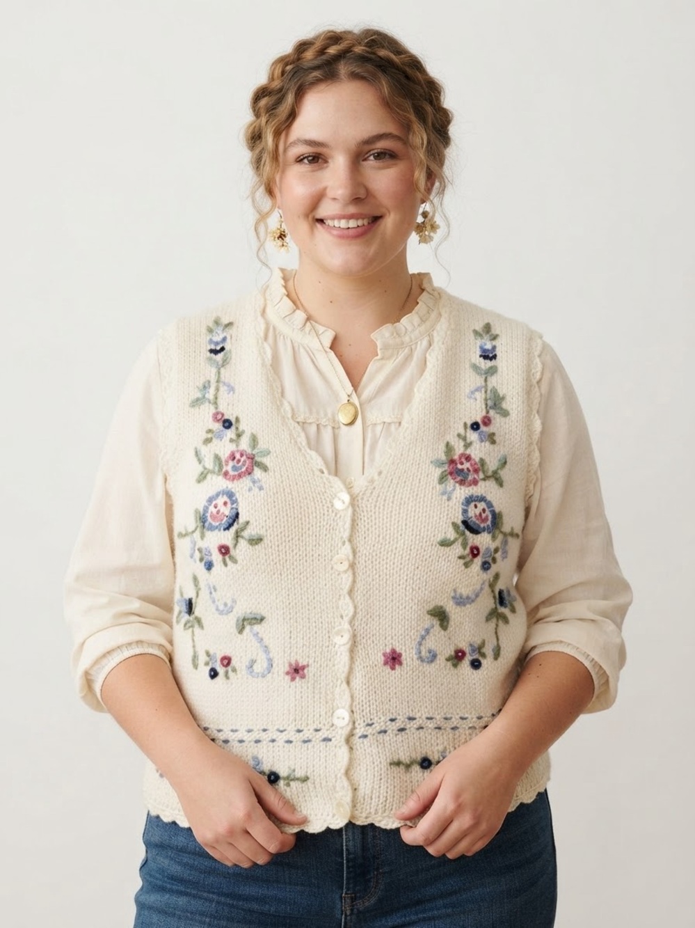 Vintage Cottagecore Coquette Sweater Vest Floral Embroidered Countrycore Prairie
